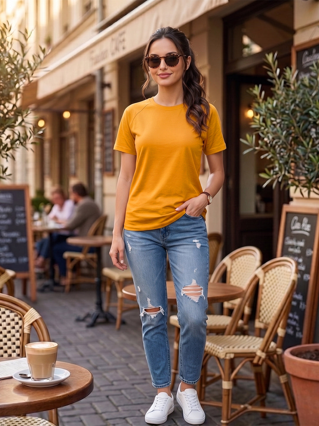 BRINNS Women Solid Raglan Sleeves Round Neck Cotton T-shirt