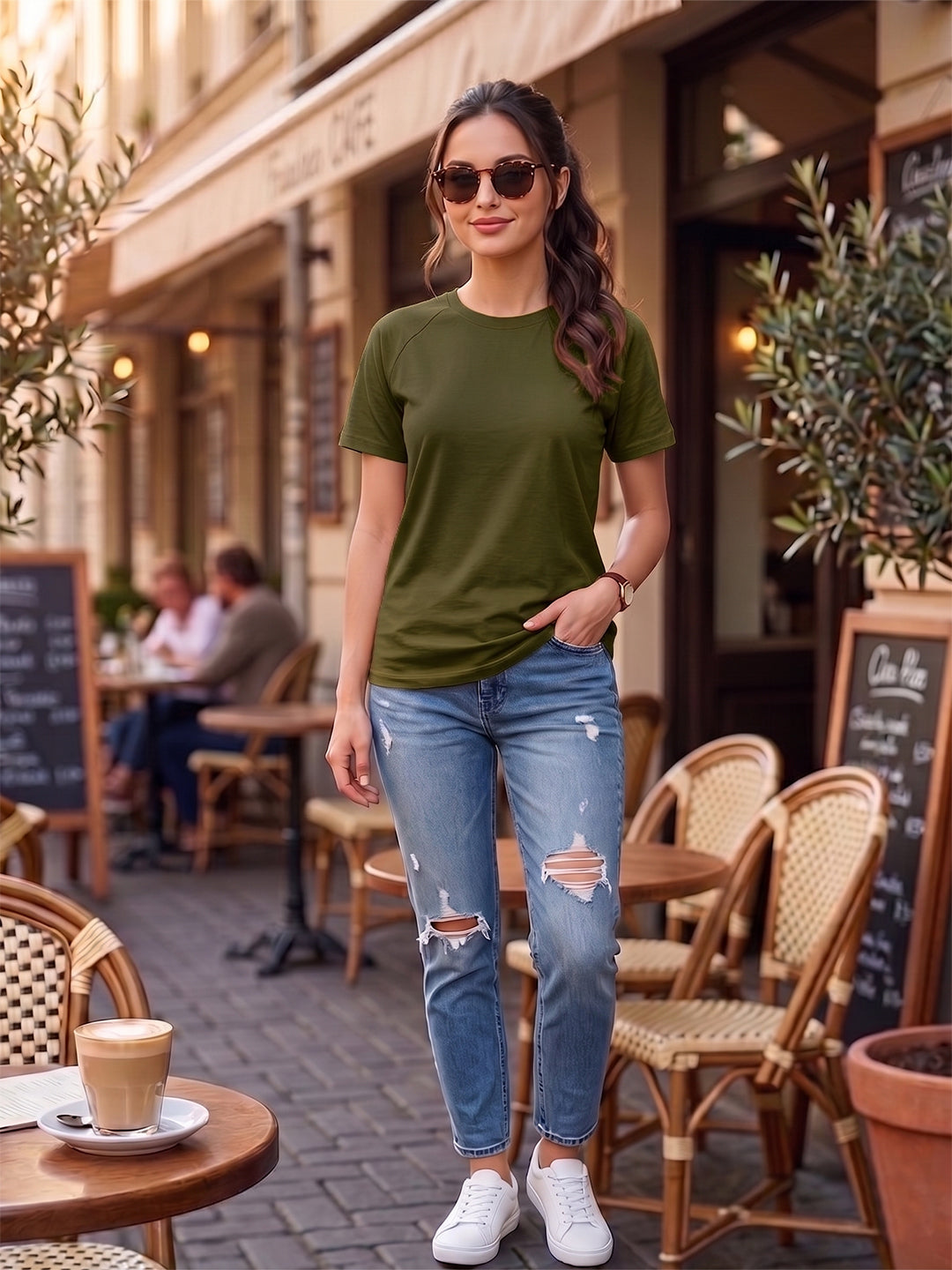 BRINNS Women Solid Raglan Sleeves Round Neck Cotton T-shirt