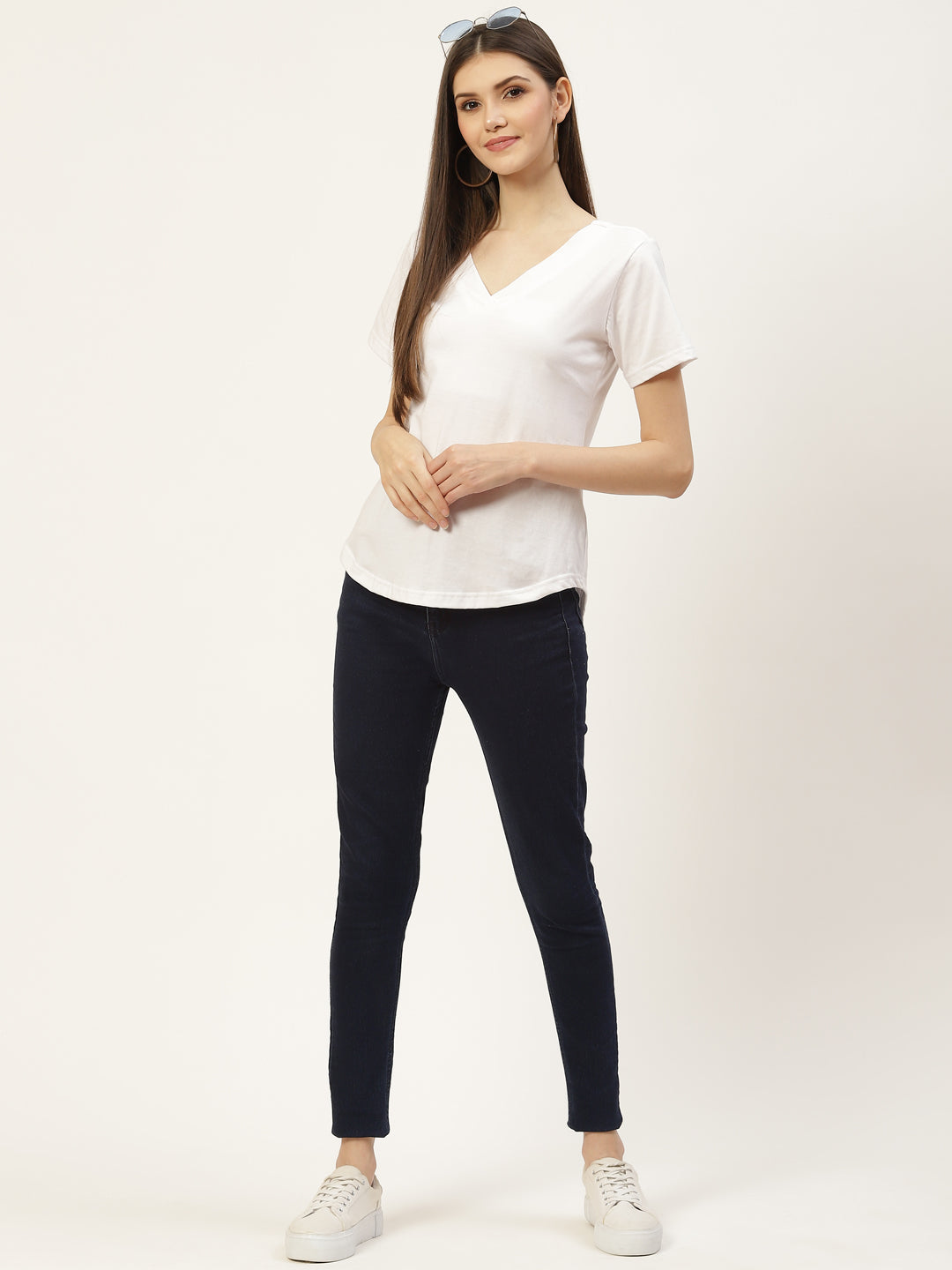 BRINNS Women Solid V-Neck Pure Cotton T-shirt
