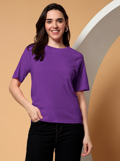BRINNS Women Solid Raglan Sleeves Round Neck Cotton T-shirt
