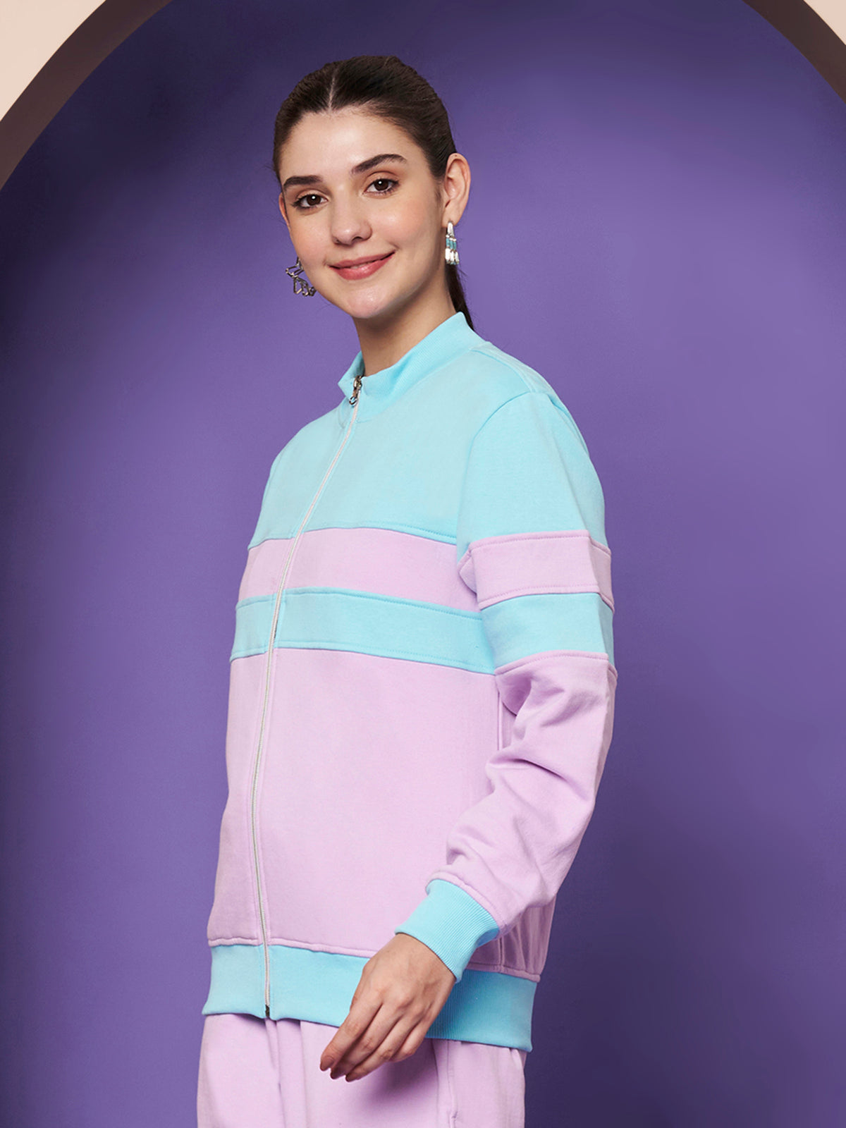 Colourblocked Stand Collar Zip-Up Fleece Jacket