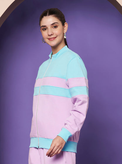 Colourblocked Stand Collar Zip-Up Fleece Jacket