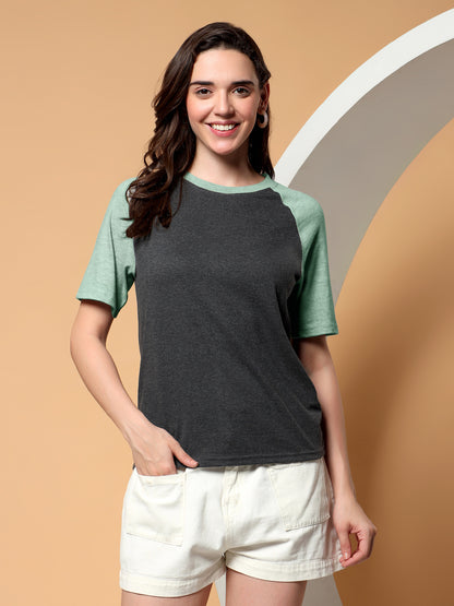 BRINNS Women Solid Raglan Sleeves Round Neck Cotton T-shirt