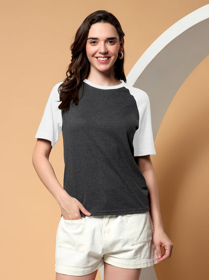 BRINNS Women Solid Raglan Sleeves Round Neck Cotton T-shirt