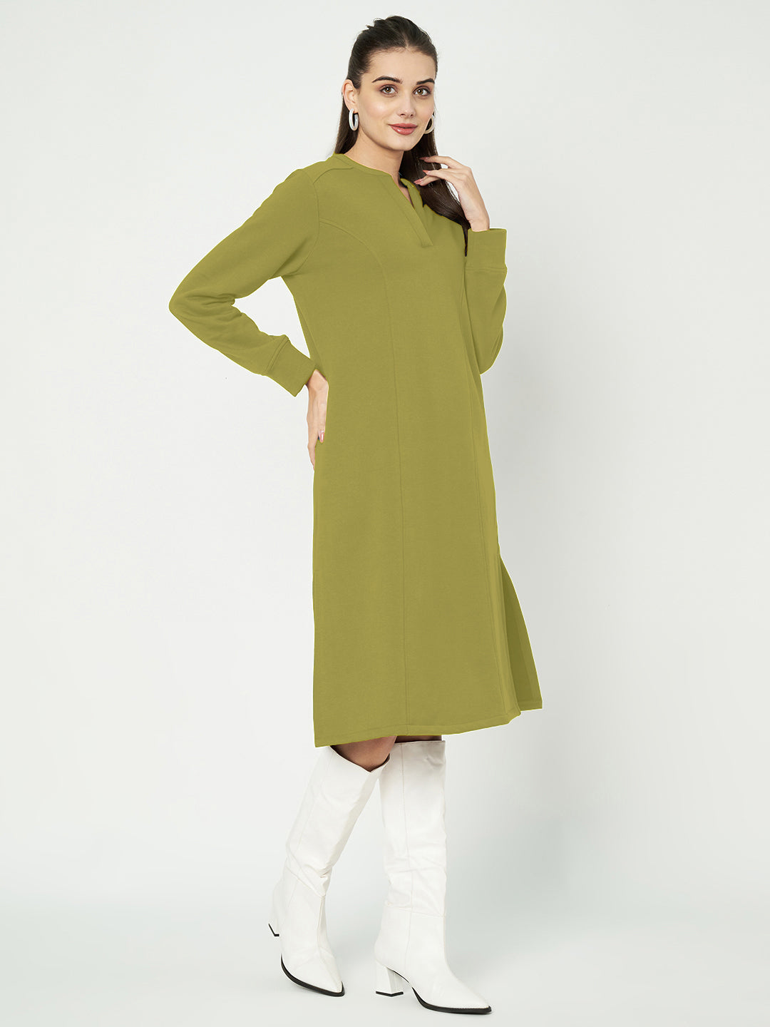 A-Line Dress with V-Neck Split Mandarin Collar