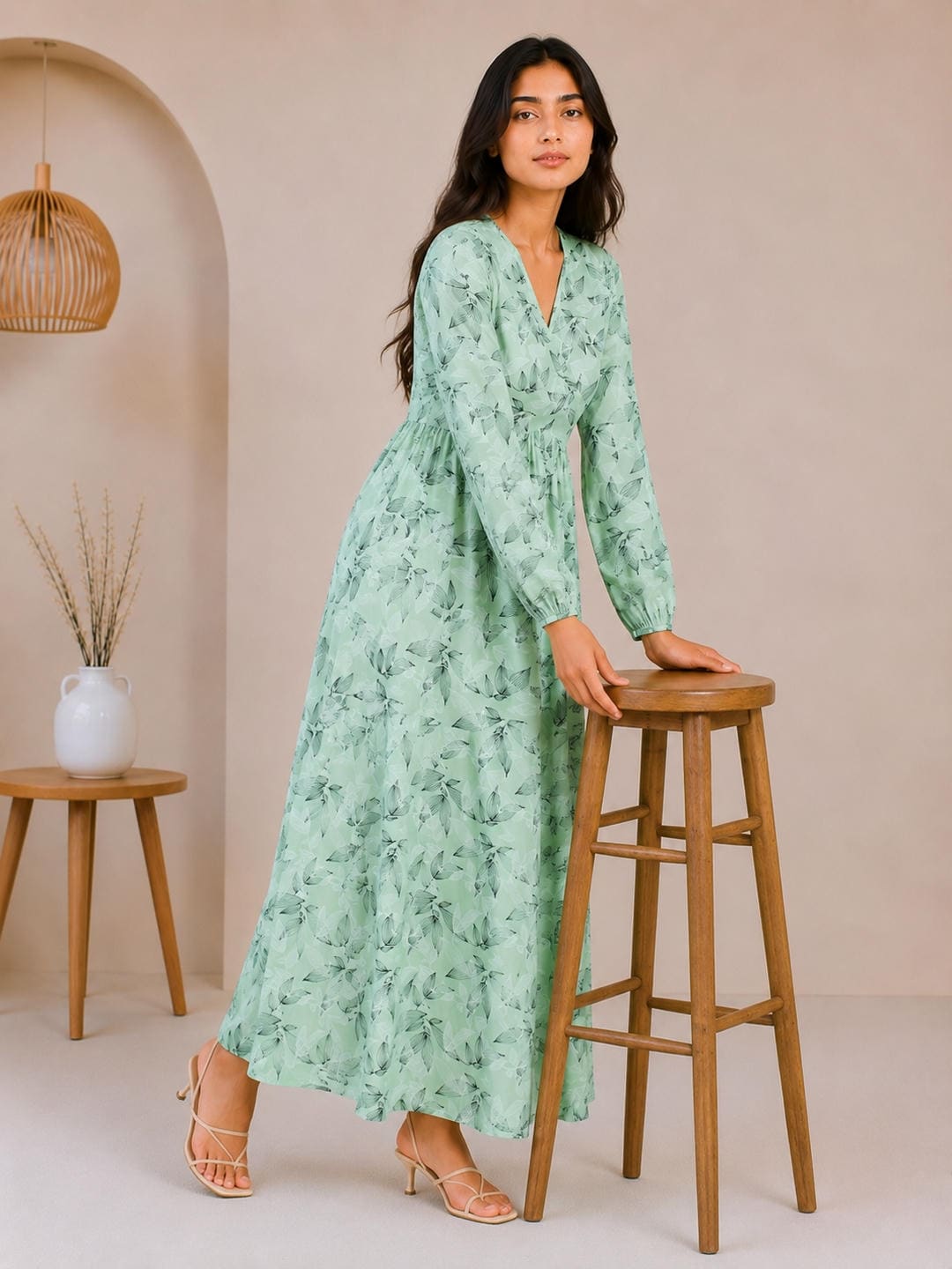 Printed Puff Sleeves Maxi Dress