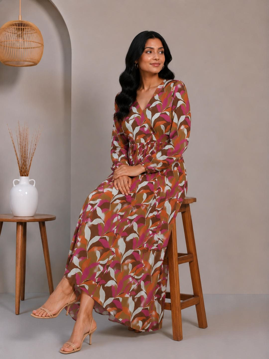Printed Puff Sleeves Maxi Dress