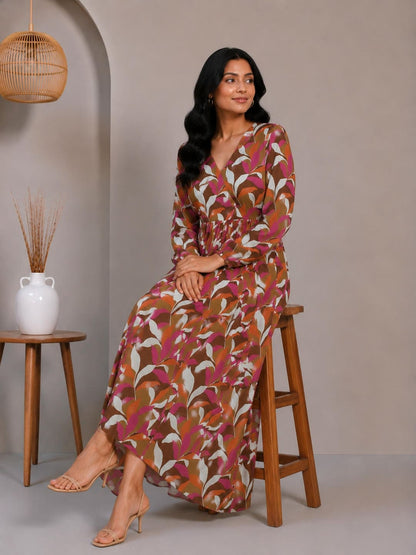 Printed Puff Sleeves Maxi Dress