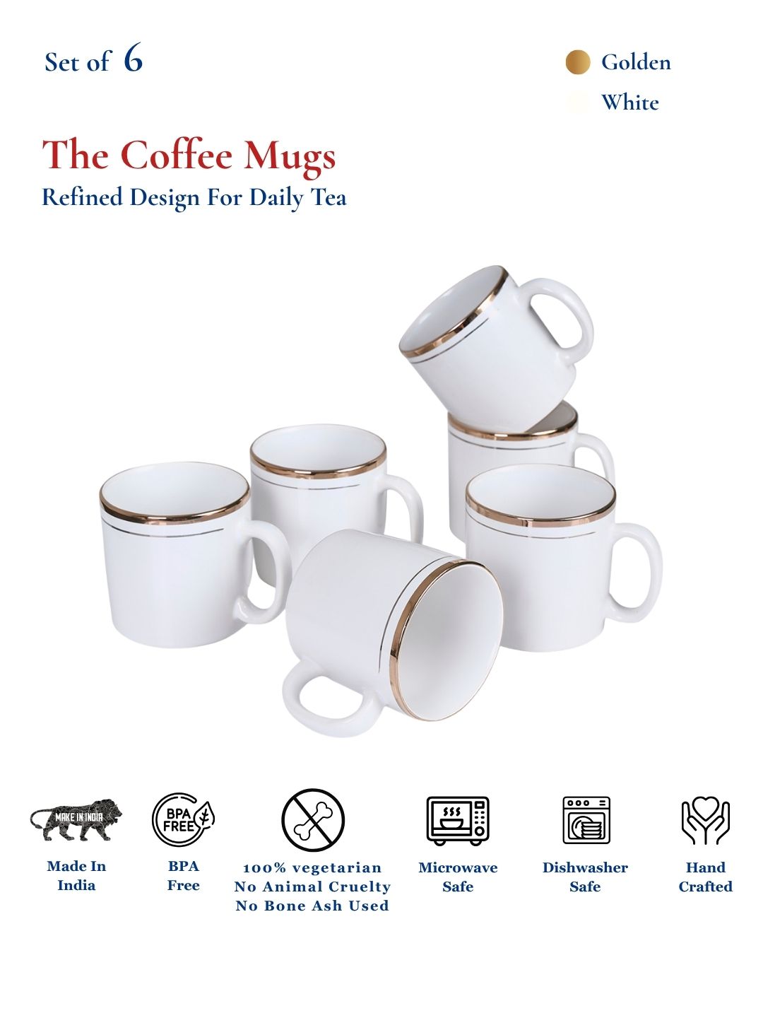Coffee Mugs Set of 6 | White | 225 ml