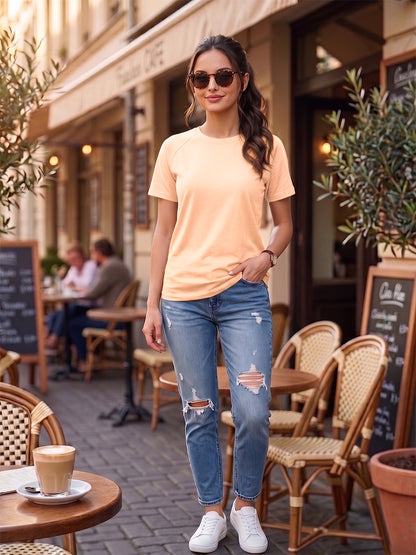 BRINNS Women Solid Raglan Sleeves Round Neck Cotton T-shirt