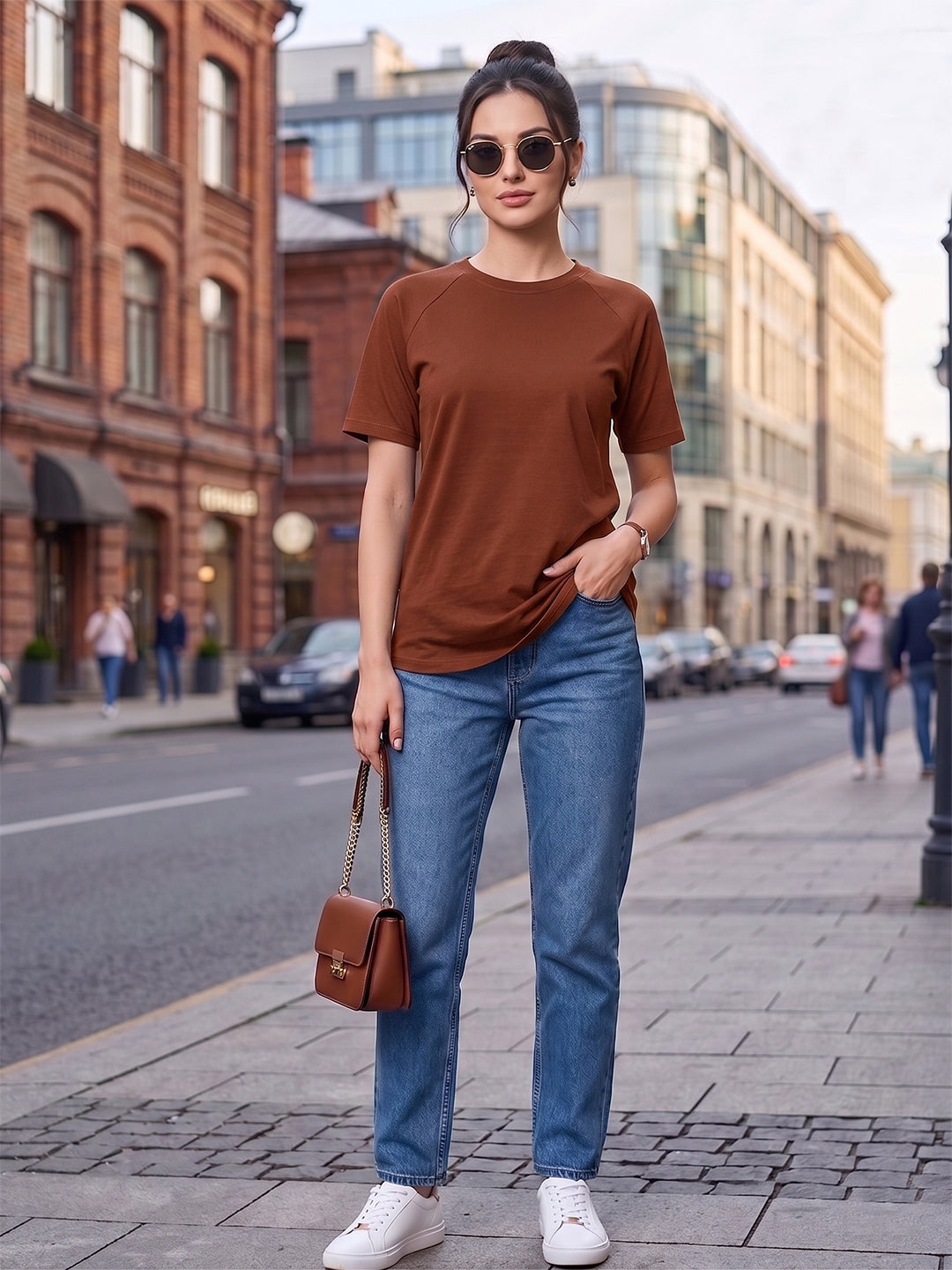 BRINNS Women Solid Raglan Sleeves Round Neck Cotton T-shirt