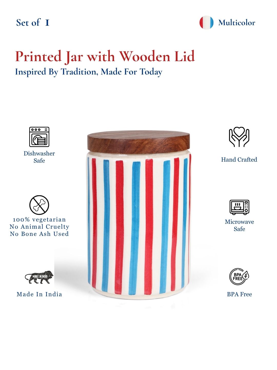 Storege Jar with Wooden Lid | Multicolor - 900 ml