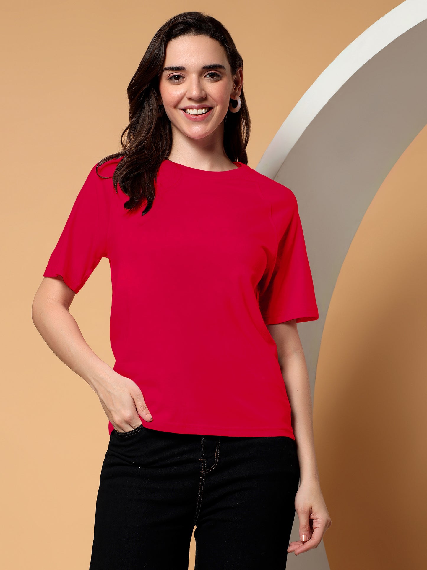 BRINNS Women Solid Raglan Sleeves Round Neck Cotton T-shirt