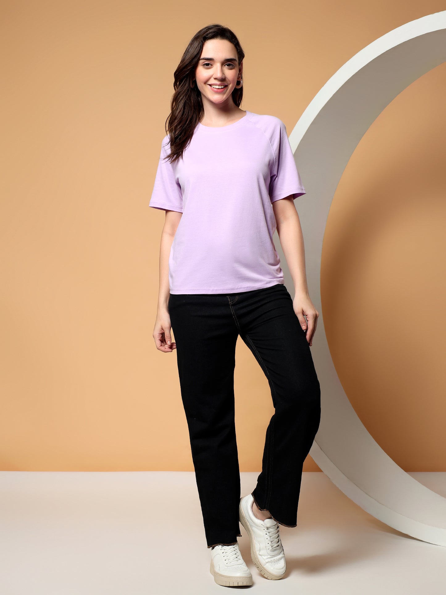 BRINNS Women Solid Raglan Sleeves Round Neck Cotton T-shirt