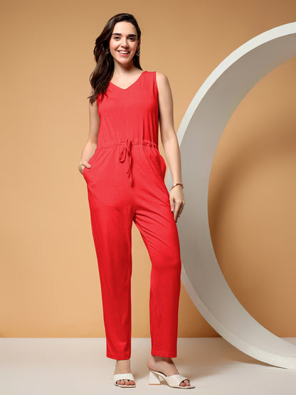 BRINNS Women V-Neck Pure Cotton Jumpsuit with Waist Tie-Up