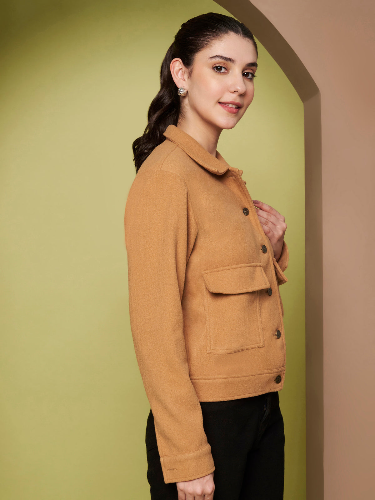 Solid Woven Jacket with Utility Pockets & Spread Collar