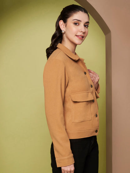 Solid Woven Jacket with Utility Pockets & Spread Collar