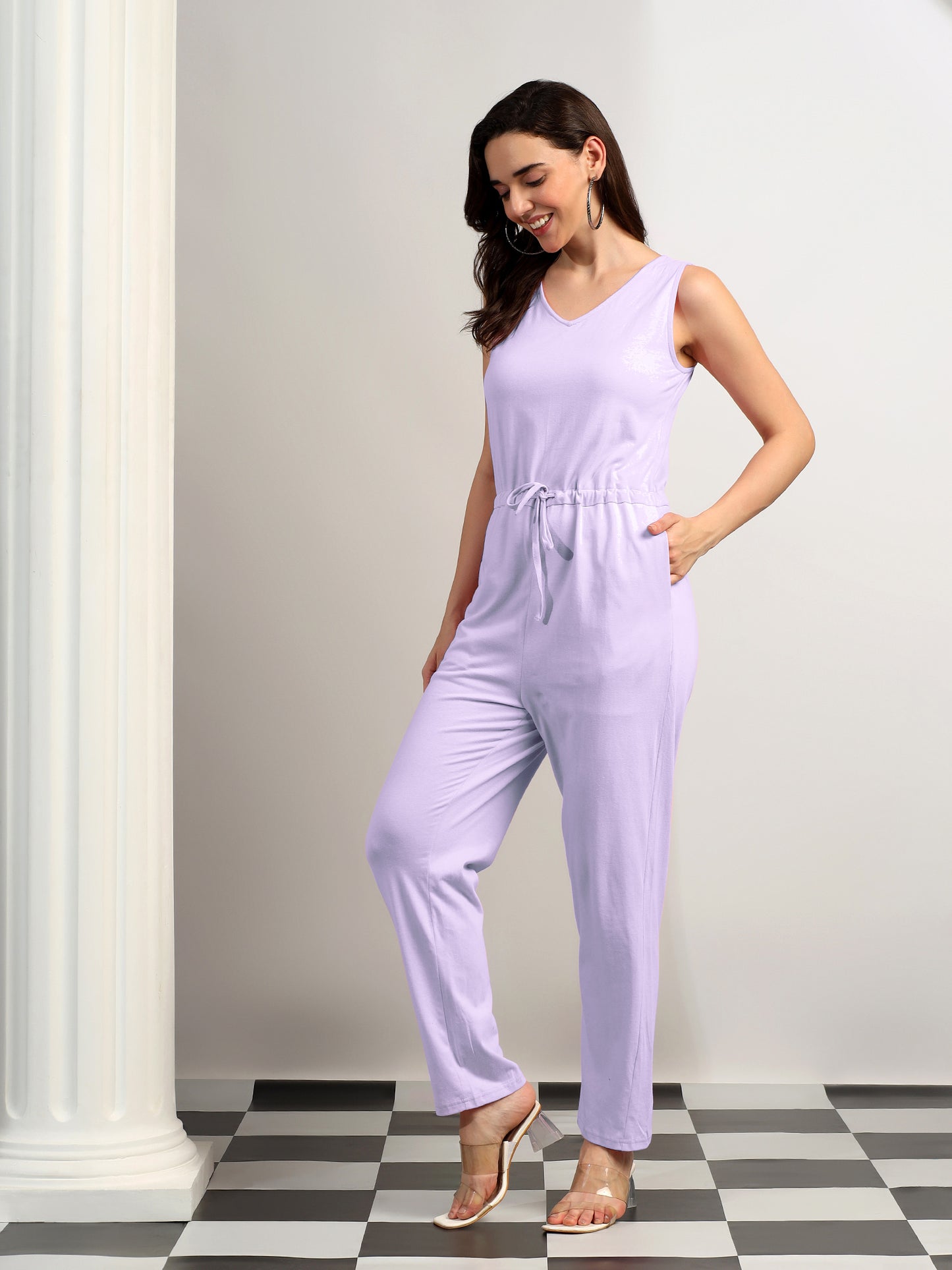 BRINNS Women V-Neck Pure Cotton Jumpsuit with Waist Tie-Up