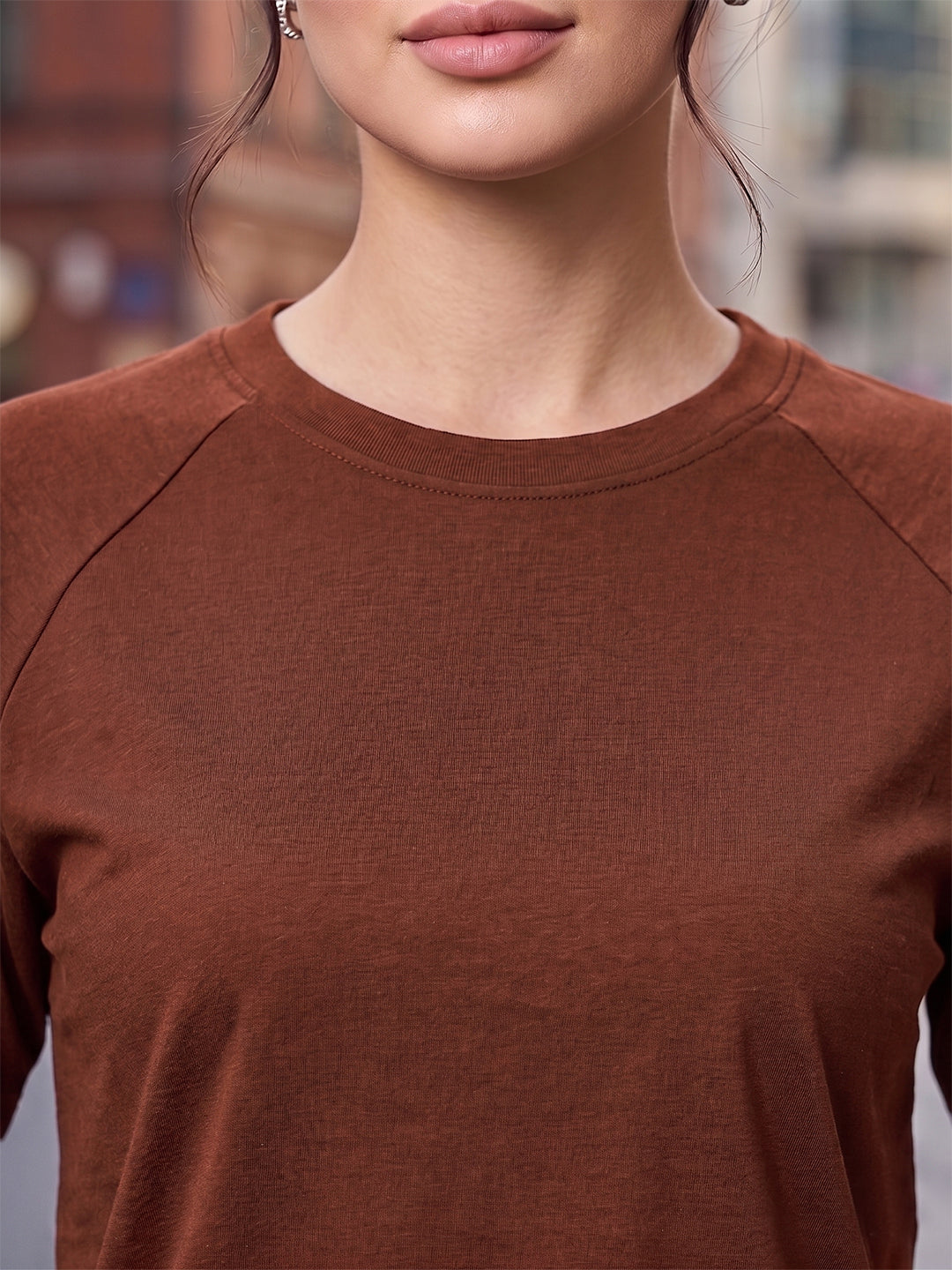 BRINNS Women Solid Raglan Sleeves Round Neck Cotton T-shirt