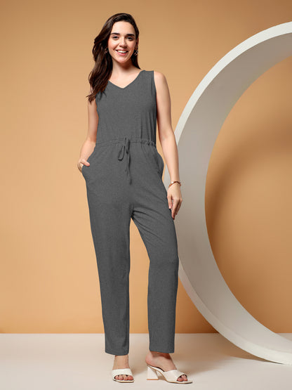 BRINNS Women V-Neck Pure Cotton Jumpsuit with Waist Tie-Up