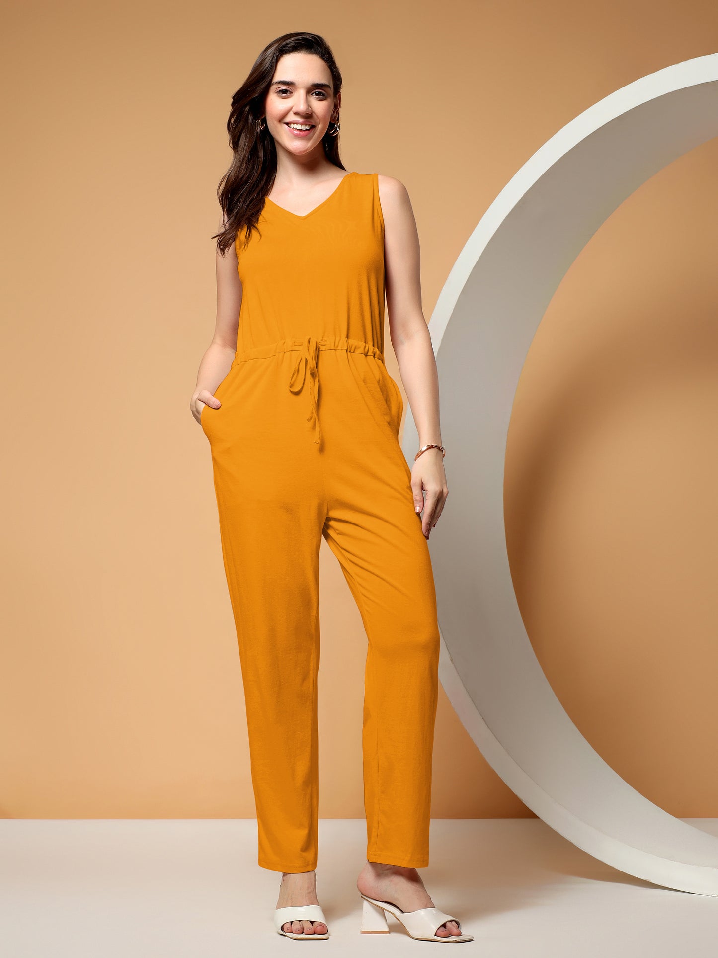 BRINNS Women V-Neck Pure Cotton Jumpsuit with Waist Tie-Up