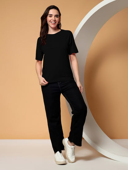 BRINNS Women Solid Raglan Sleeves Round Neck Cotton T-shirt