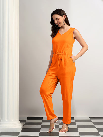 BRINNS Women V-Neck Pure Cotton Jumpsuit with Waist Tie-Up
