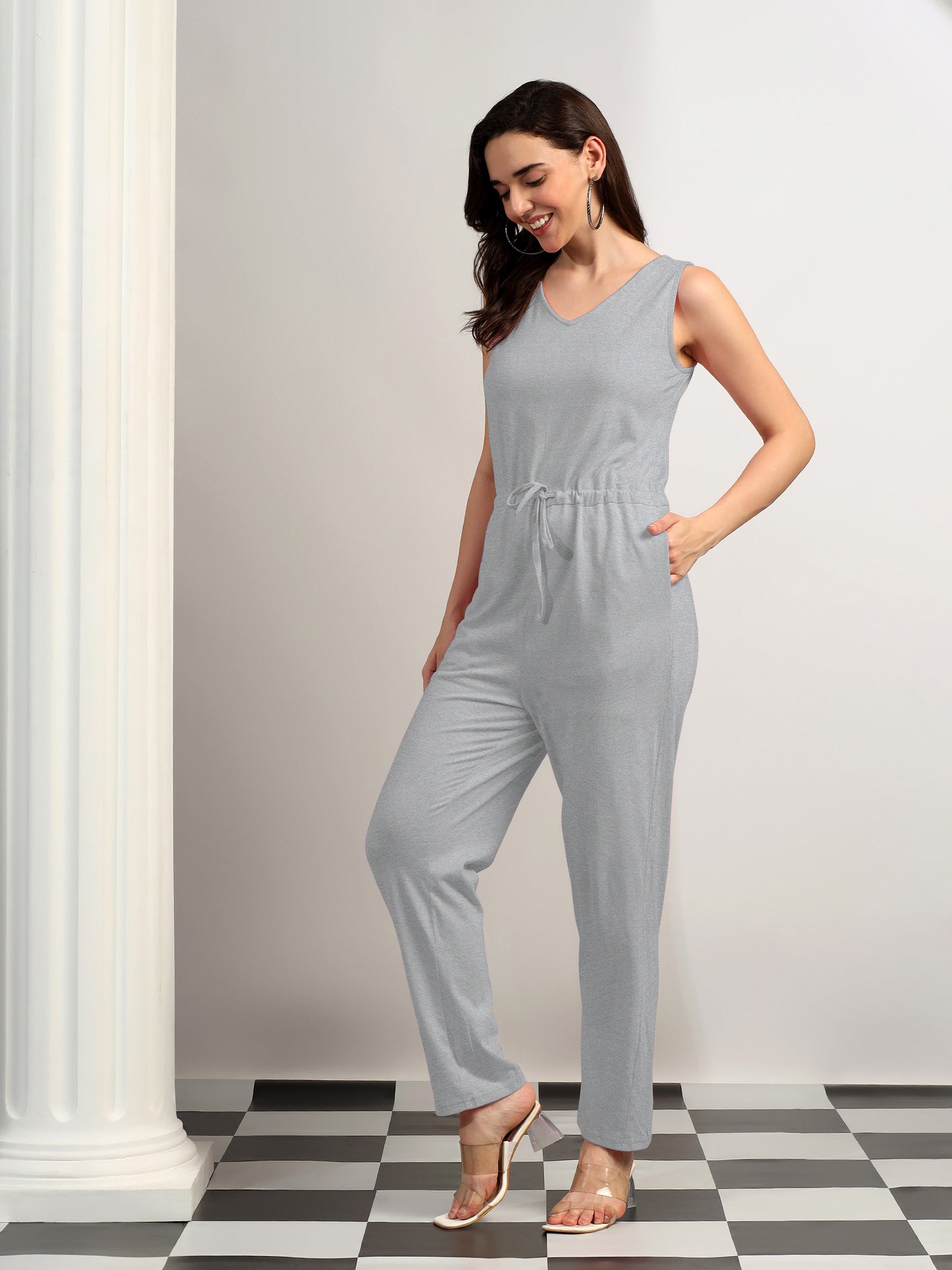 BRINNS Women V-Neck Pure Cotton Jumpsuit with Waist Tie-Up