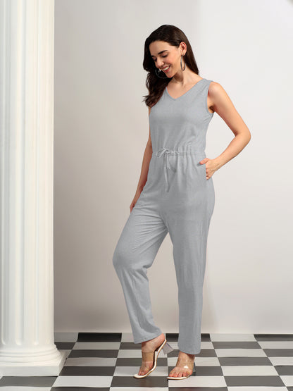 BRINNS Women V-Neck Pure Cotton Jumpsuit with Waist Tie-Up