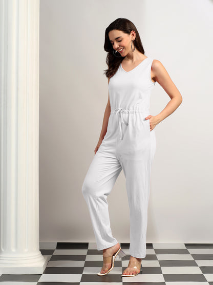 BRINNS Women V-Neck Pure Cotton Jumpsuit with Waist Tie-Up