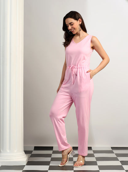 BRINNS Women V-Neck Pure Cotton Jumpsuit with Waist Tie-Up