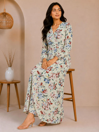 Printed Puff Sleeves Maxi Dress