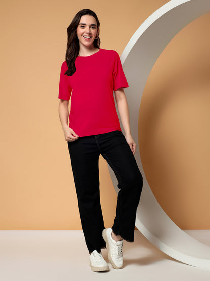 BRINNS Women Solid Raglan Sleeves Round Neck Cotton T-shirt