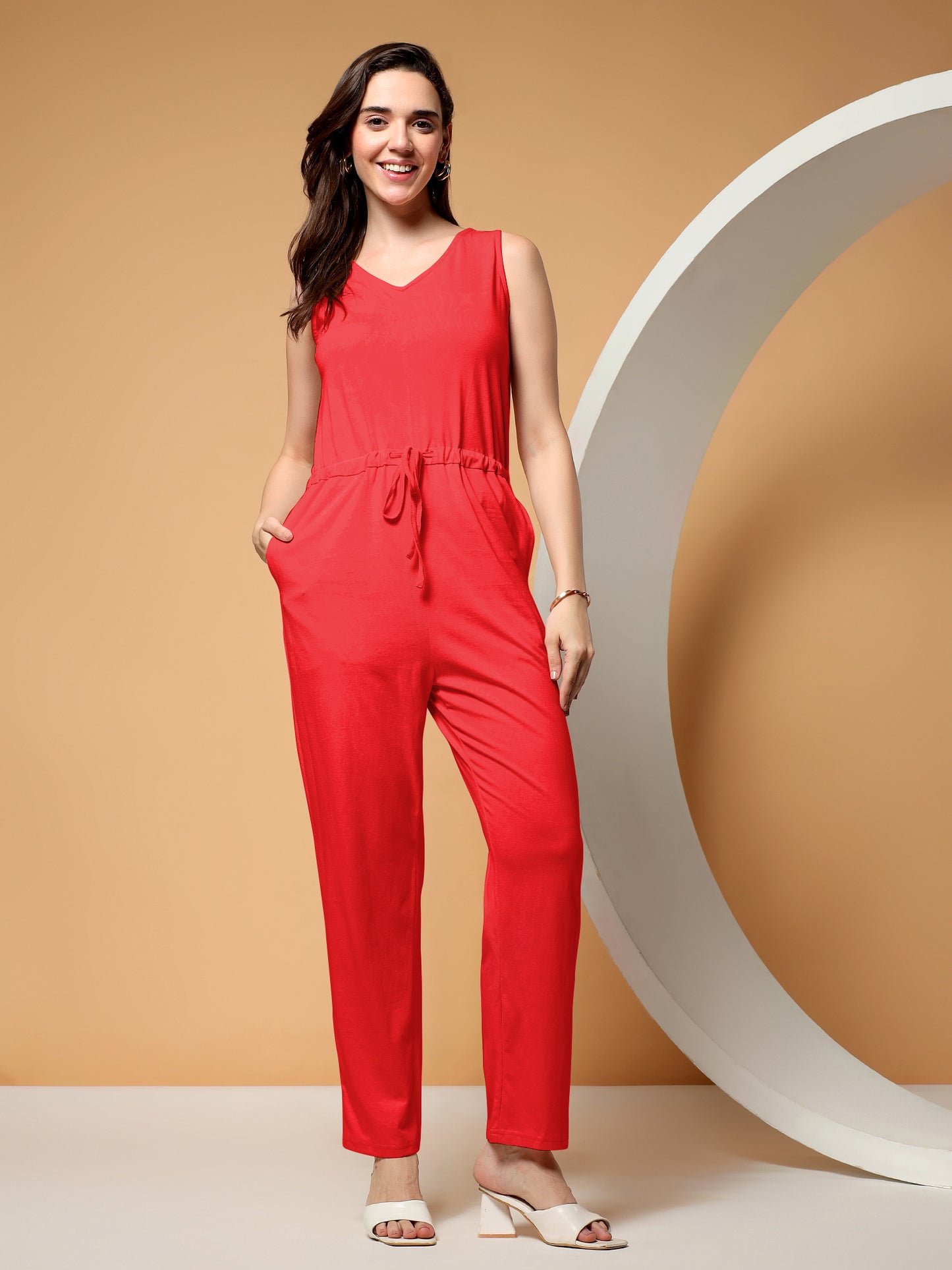BRINNS Women V-Neck Pure Cotton Jumpsuit with Waist Tie-Up