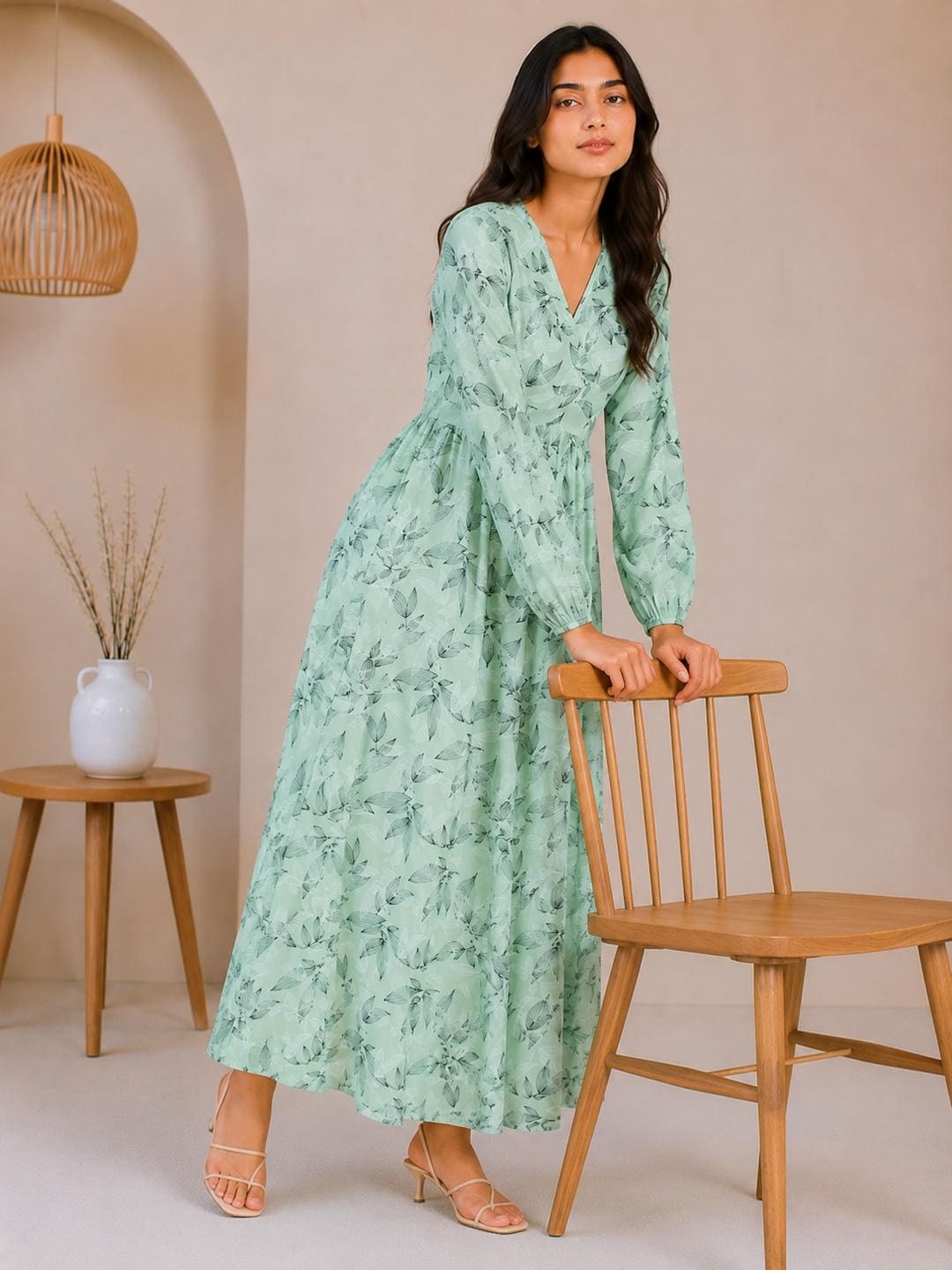 Printed Puff Sleeves Maxi Dress