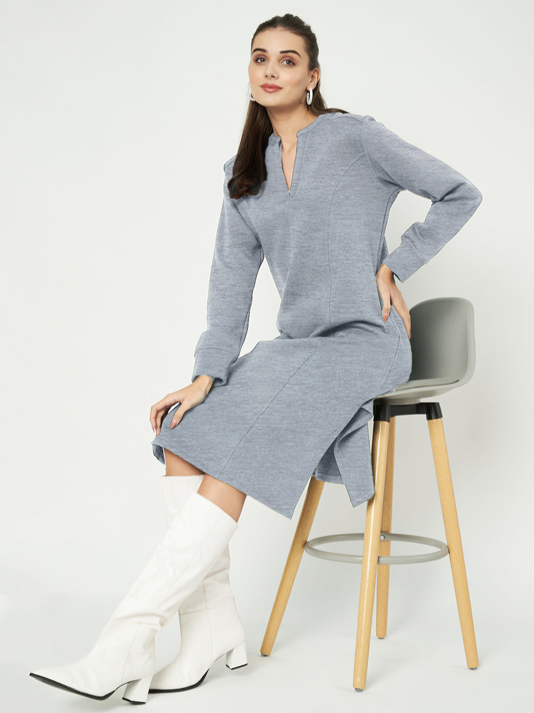 A-Line Dress with V-Neck Split Mandarin Collar