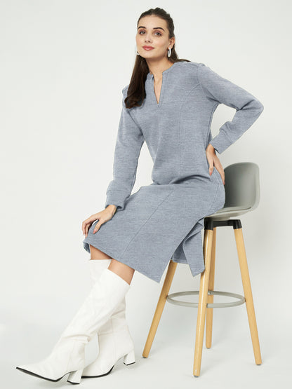 A-Line Dress with V-Neck Split Mandarin Collar