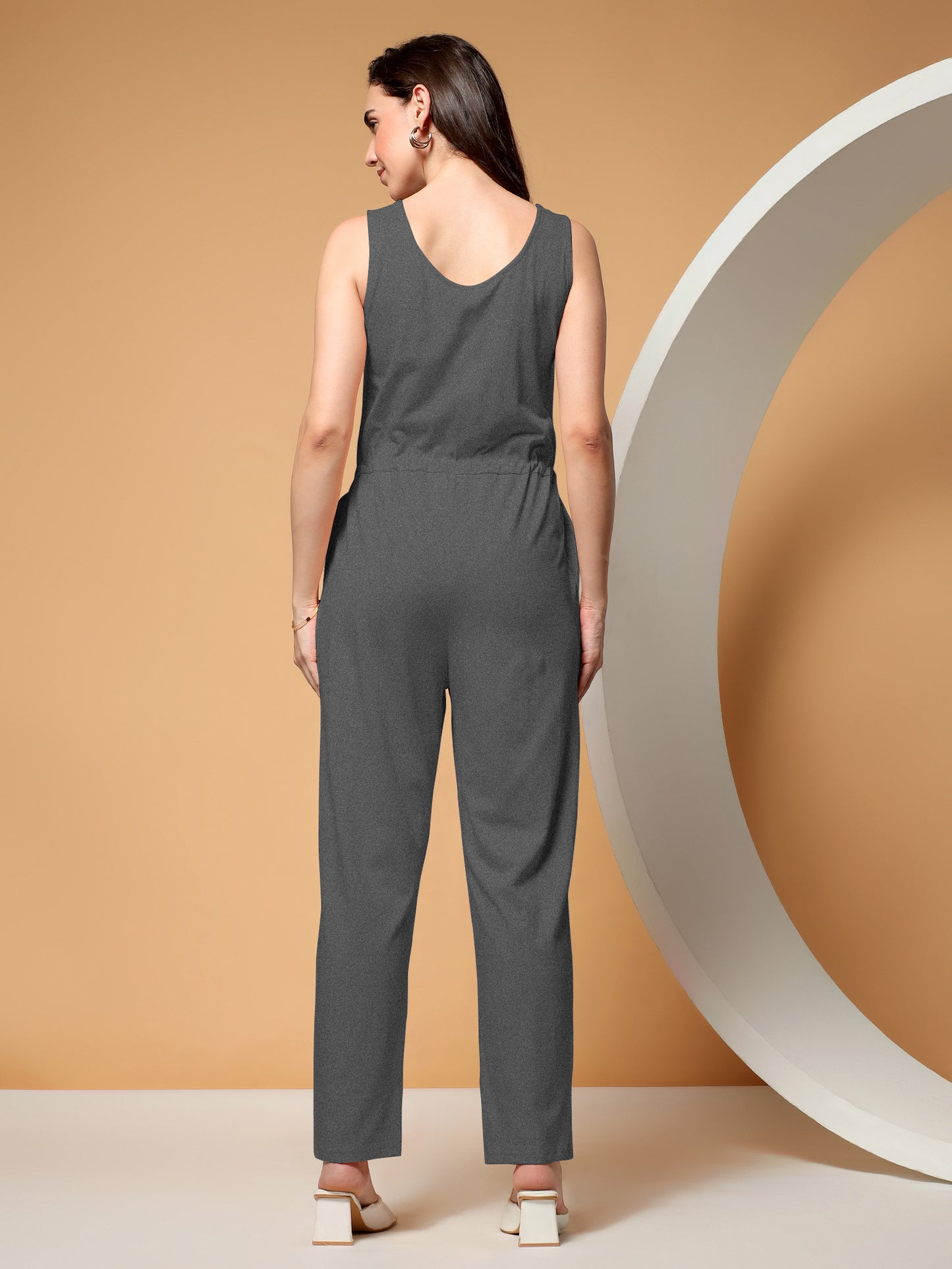 BRINNS Women V-Neck Pure Cotton Jumpsuit with Waist Tie-Up