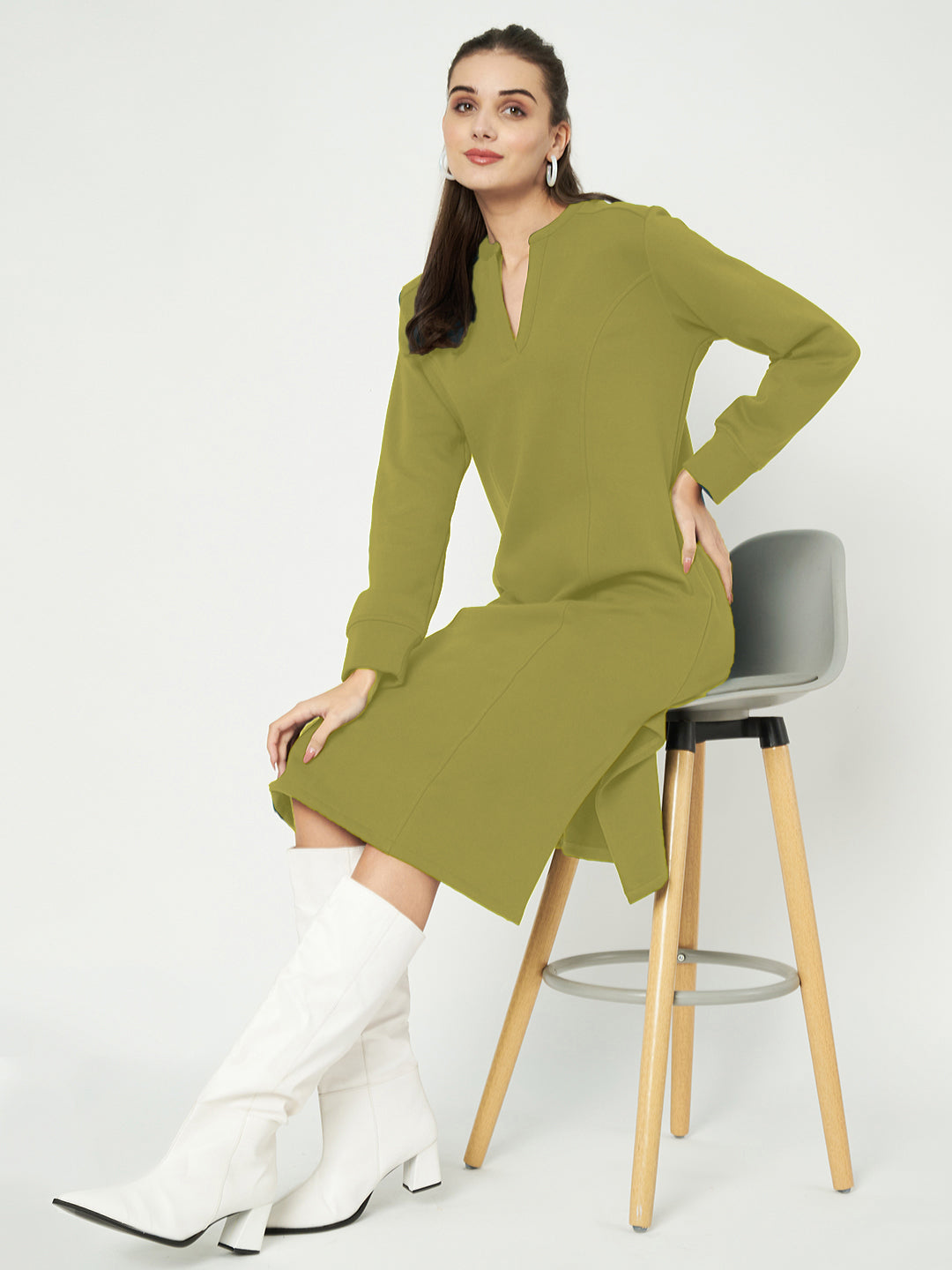 A-Line Dress with V-Neck Split Mandarin Collar