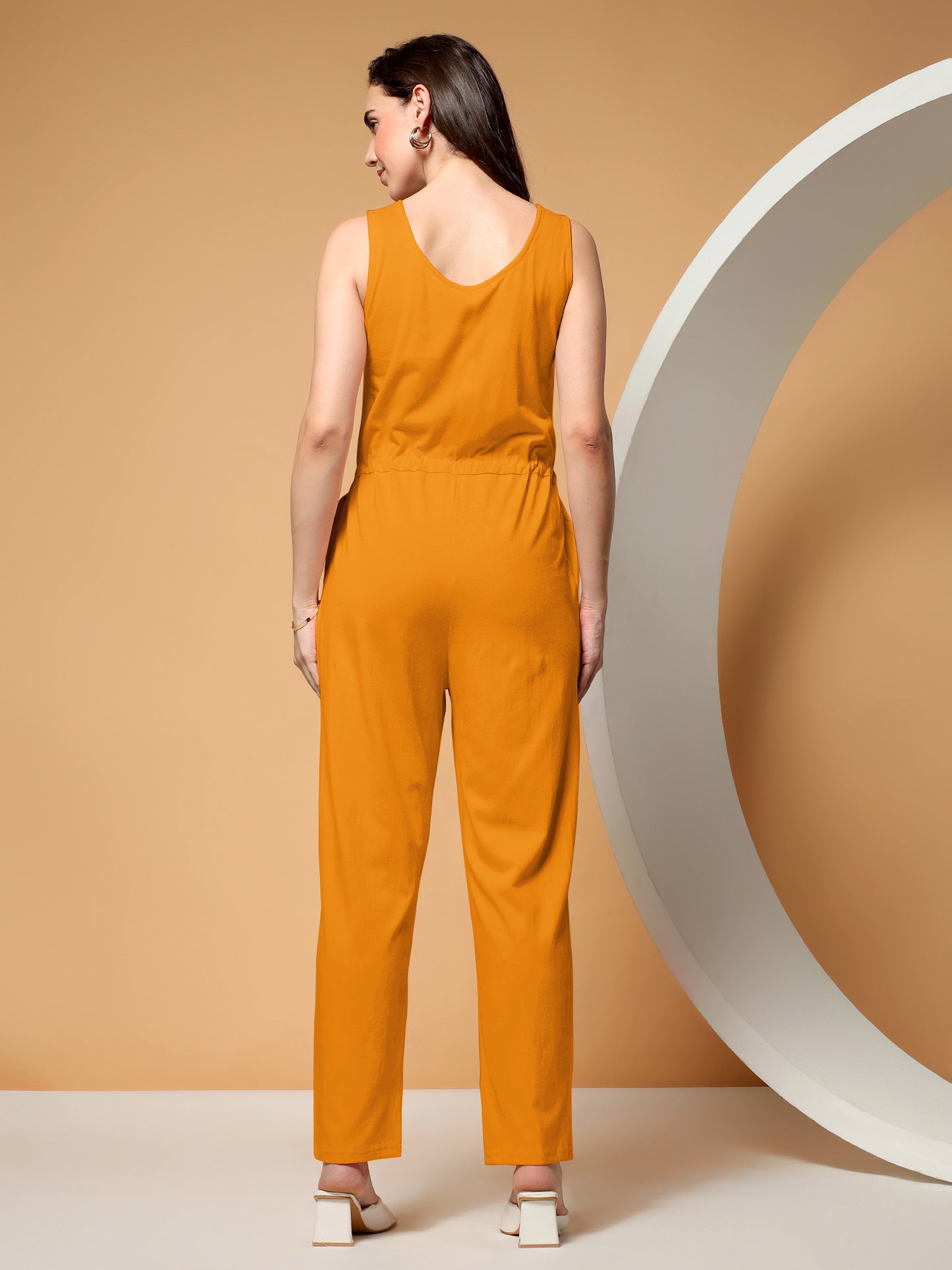 BRINNS Women V-Neck Pure Cotton Jumpsuit with Waist Tie-Up