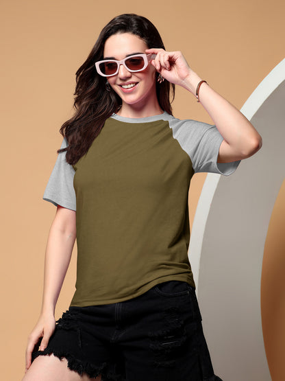 BRINNS Women Solid Raglan Sleeves Round Neck Cotton T-shirt