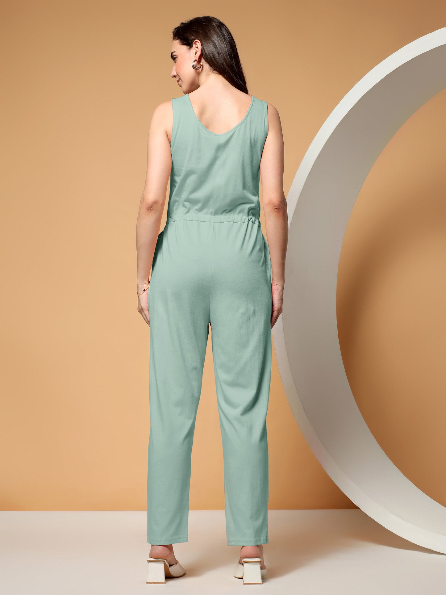 BRINNS Women V-Neck Pure Cotton Jumpsuit with Waist Tie-Up