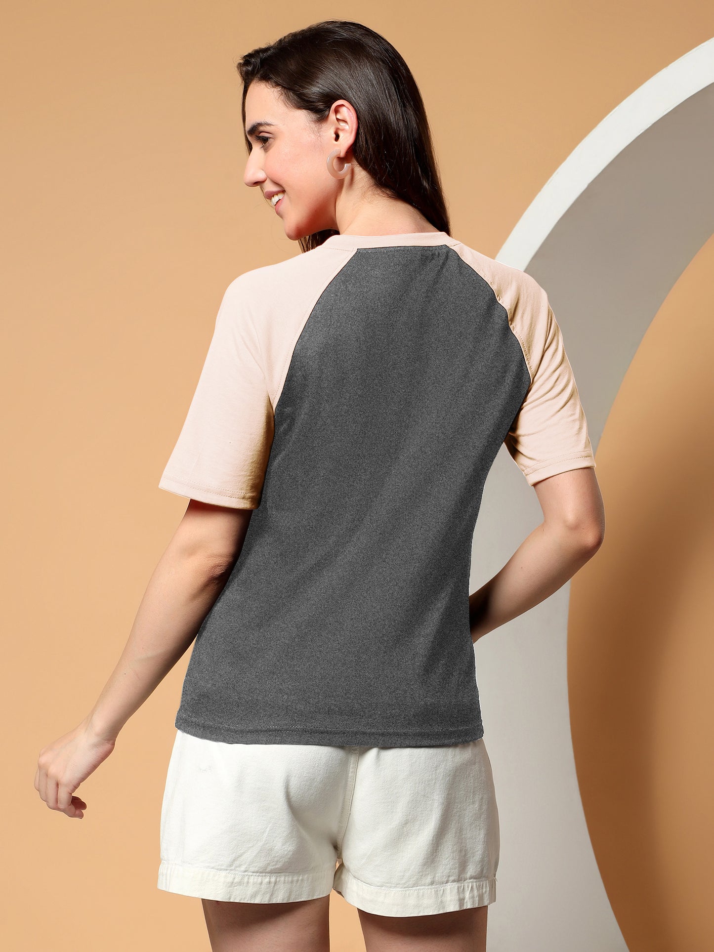 BRINNS Women Solid Raglan Sleeves Round Neck Cotton T-shirt