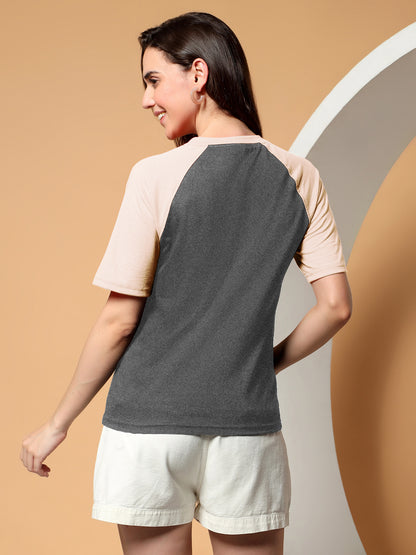BRINNS Women Solid Raglan Sleeves Round Neck Cotton T-shirt