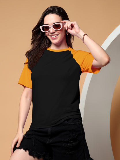 BRINNS Women Solid Raglan Sleeves Round Neck Cotton T-shirt
