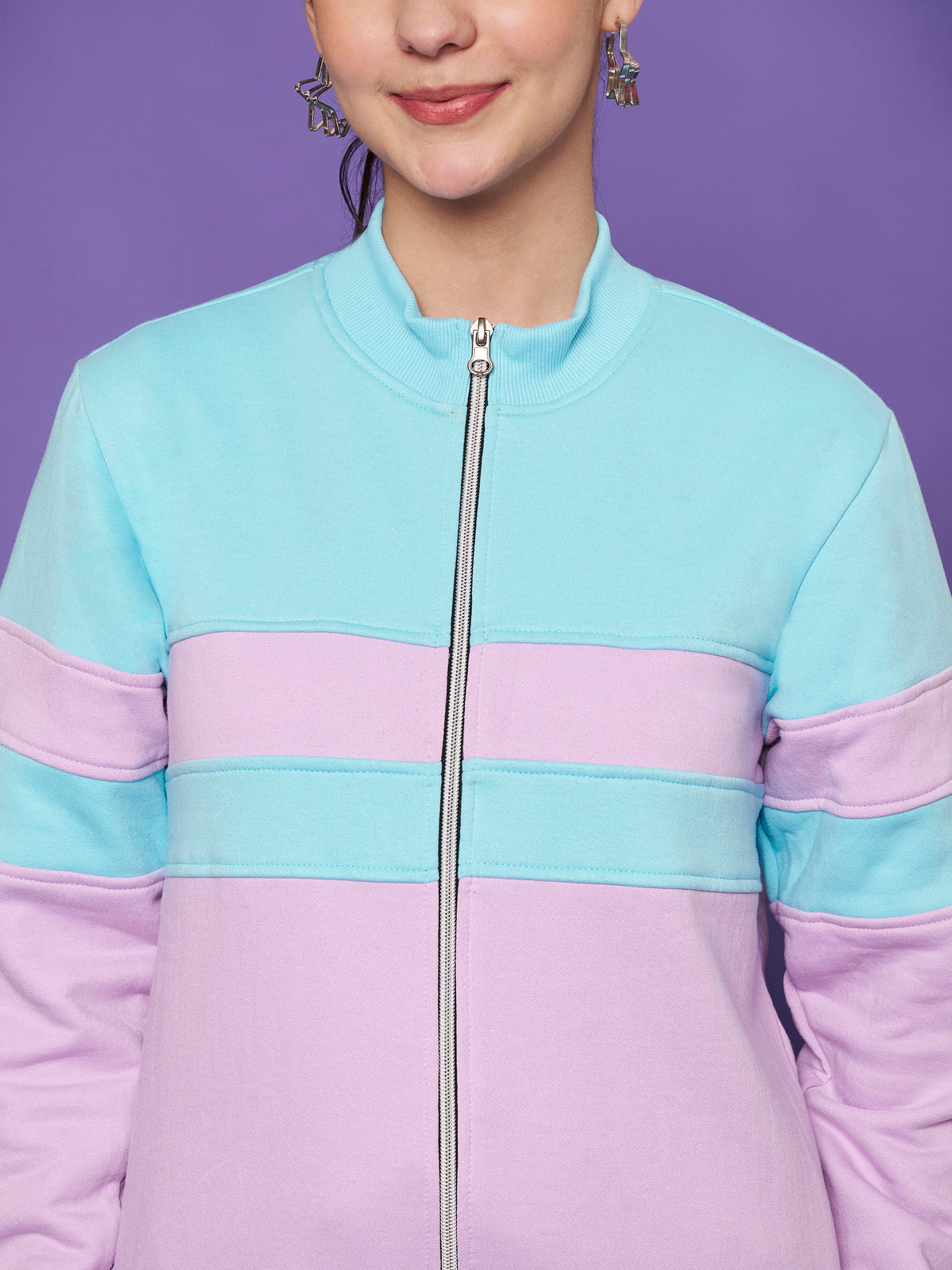 Colourblocked Stand Collar Zip-Up Fleece Jacket