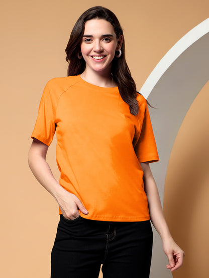 BRINNS Women Solid Raglan Sleeves Round Neck Cotton T-shirt