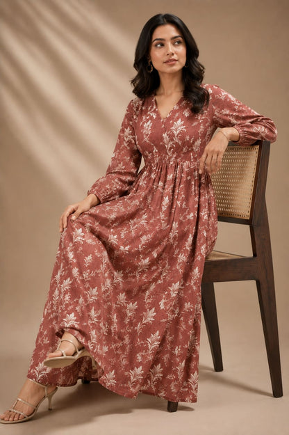 Printed Puff Sleeves Maxi Dress