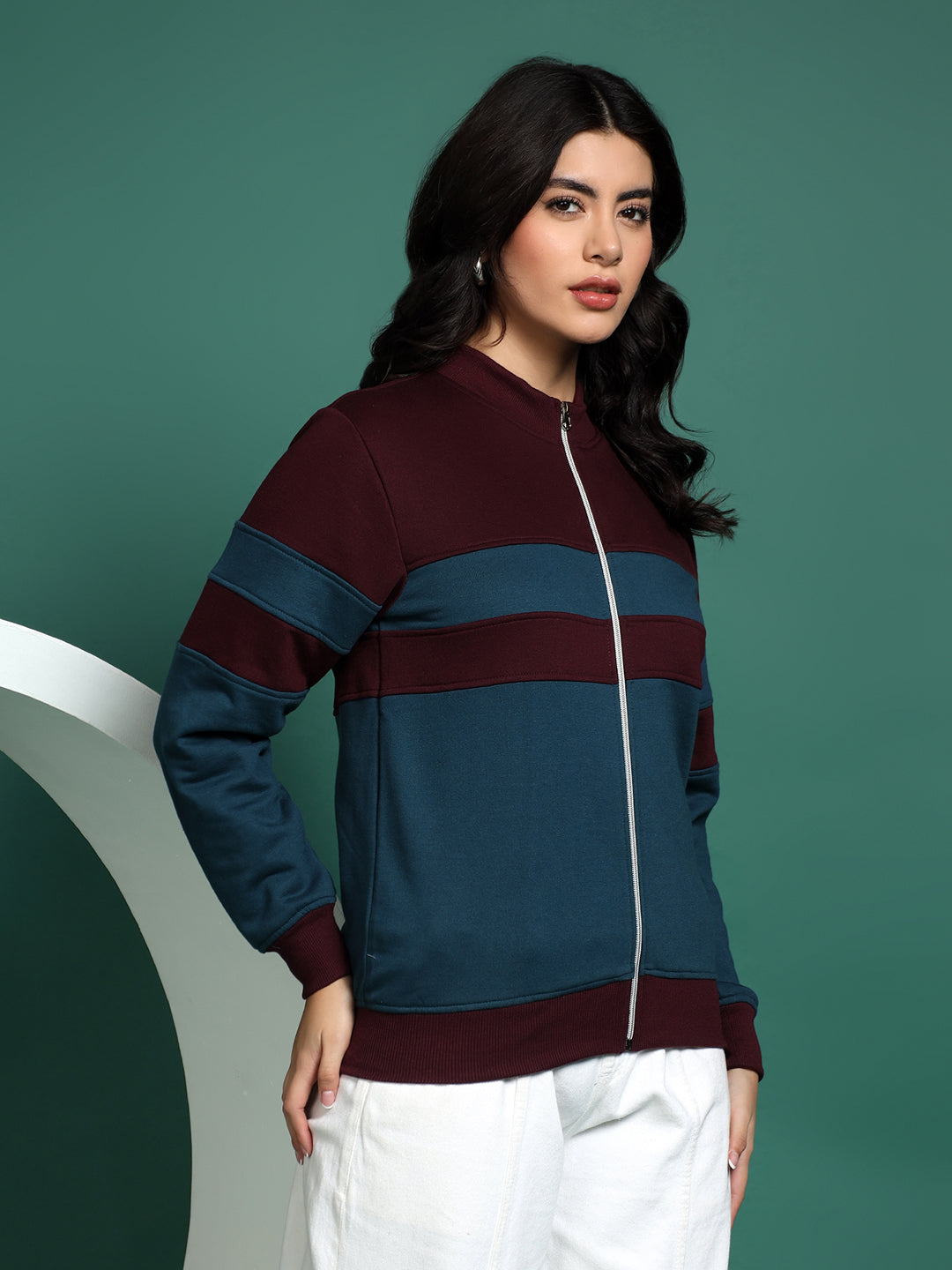 Colourblocked Stand Collar Zip-Up Fleece Jacket