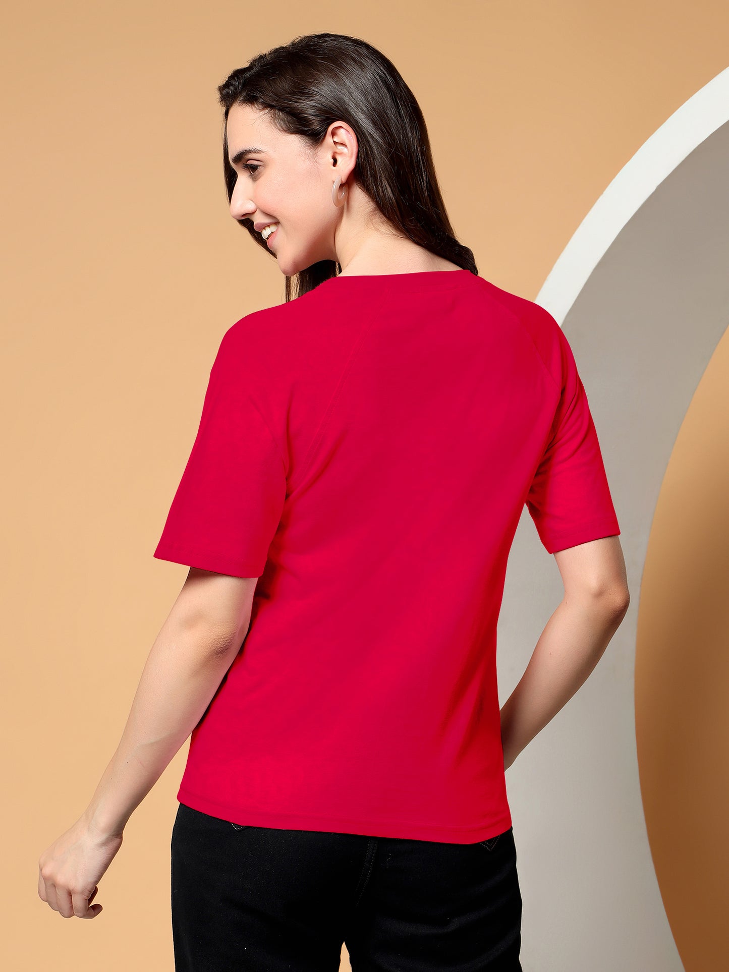 BRINNS Women Solid Raglan Sleeves Round Neck Cotton T-shirt